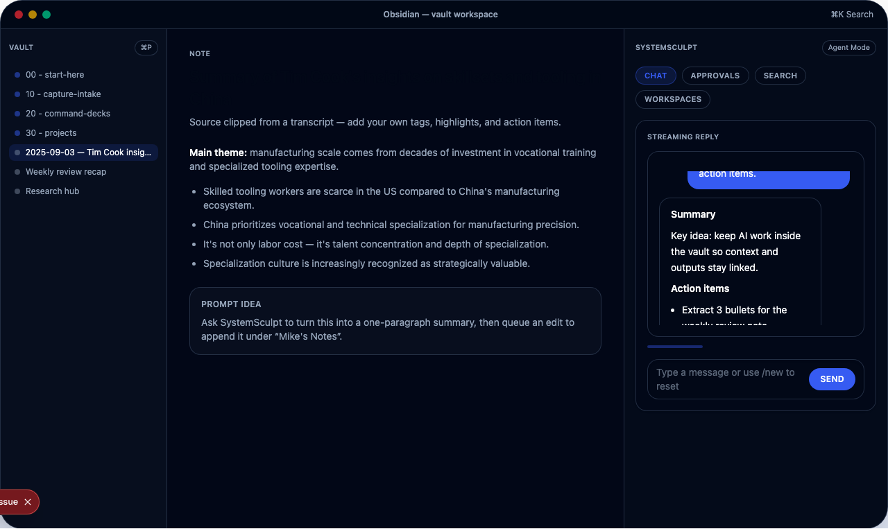 Obsidian writing workspace with source notes, draft pane, and approval queue